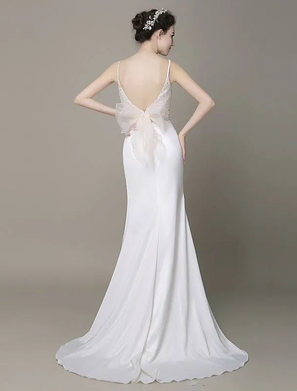 Satin Sheath Wedding Dress Plunging Neckline Bow Back Belt Lace Beading Evening Dress Exclusive