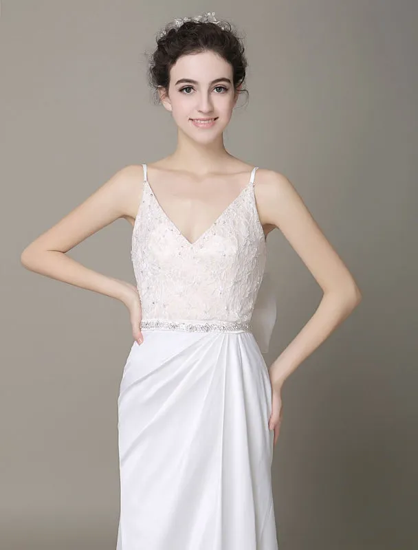 Satin Sheath Wedding Dress Plunging Neckline Bow Back Belt Lace Beading Evening Dress Exclusive