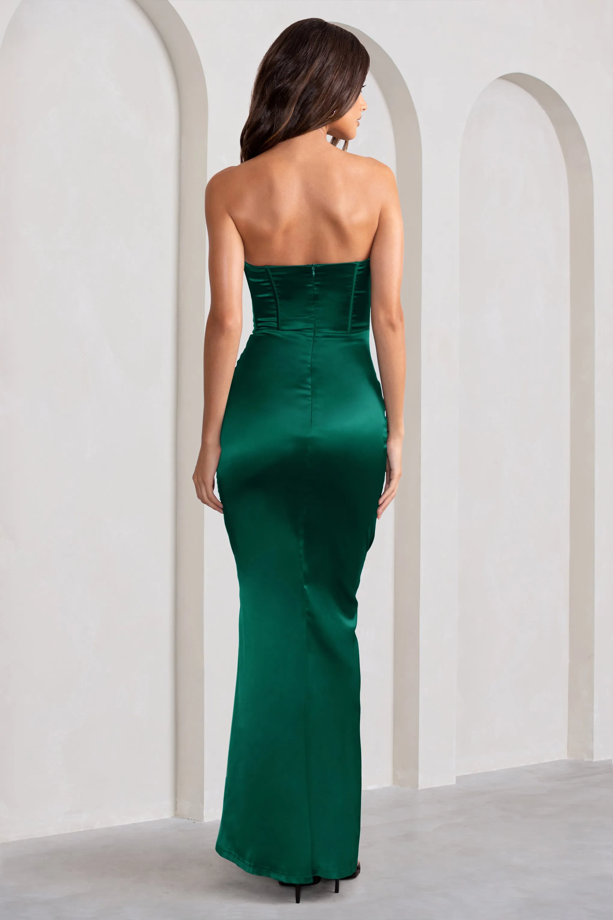 Sensual Notes | Bottle Green Satin Strapless Corset Thigh Split Fishtail Maxi Dress