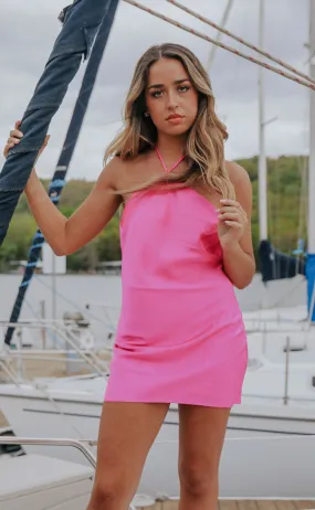 show me your mumu: jazzy dress - hot pink luxe satin