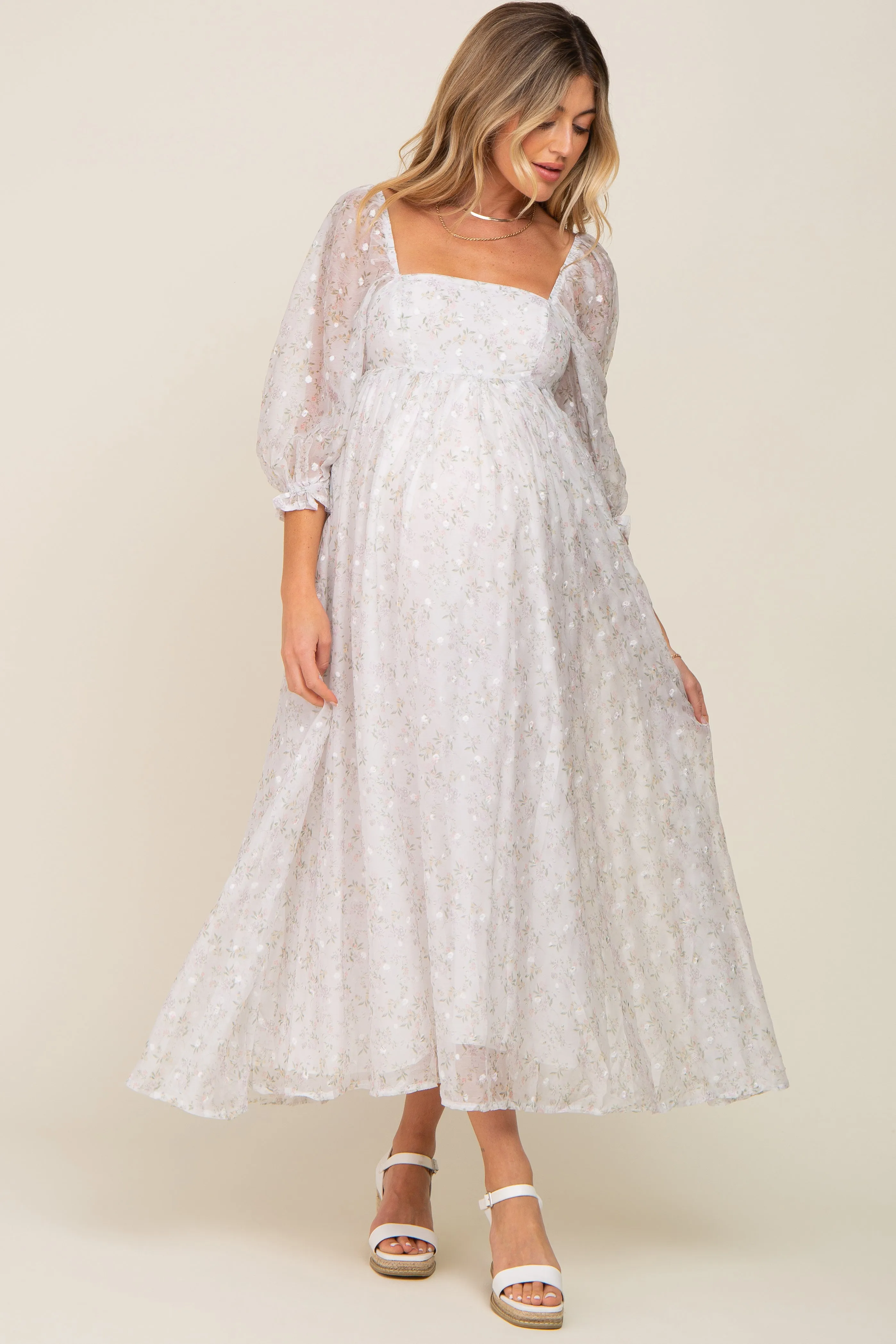 Silver Floral Square Neck Puff Sleeve Organza Maternity Maxi Dress