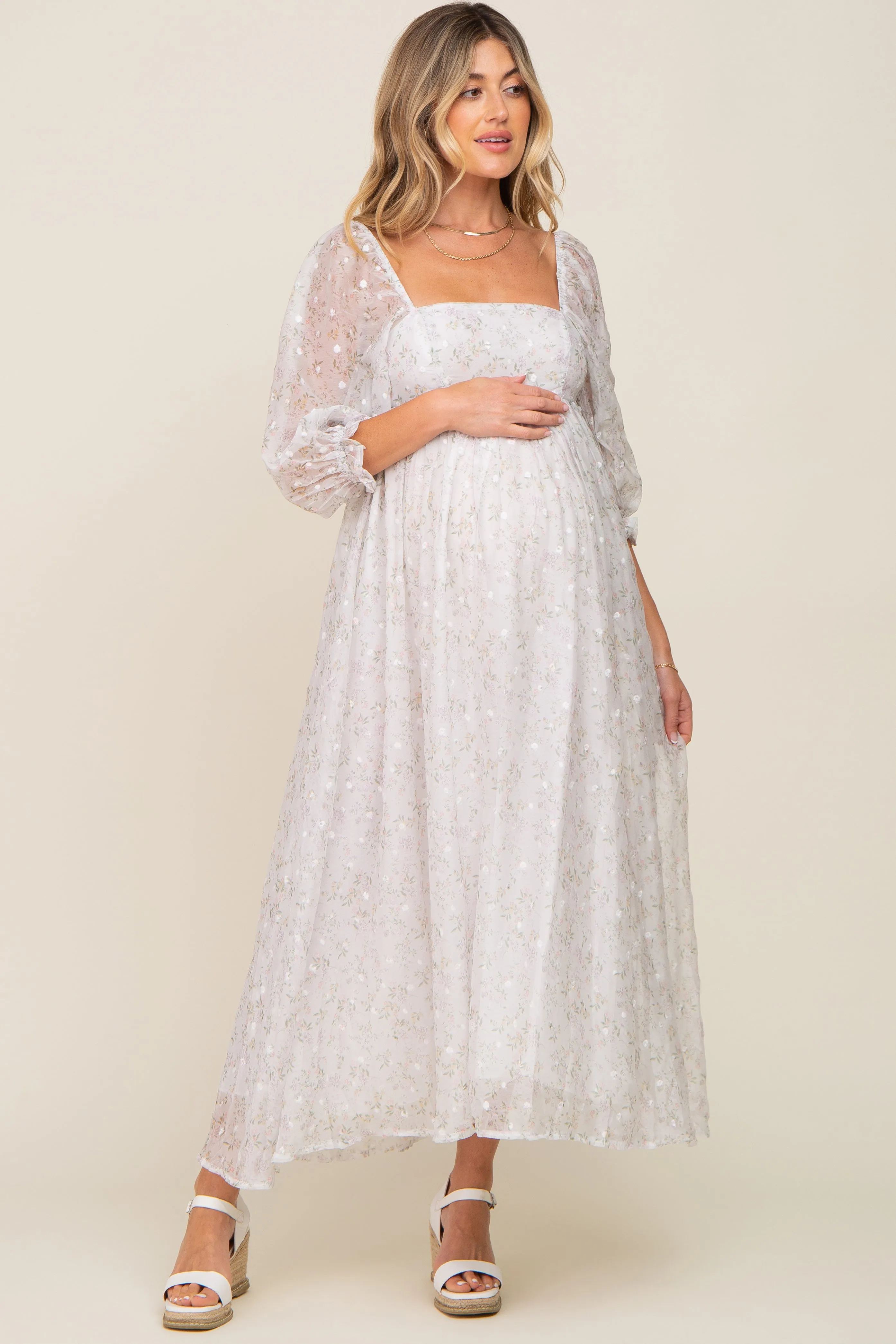 Silver Floral Square Neck Puff Sleeve Organza Maternity Maxi Dress