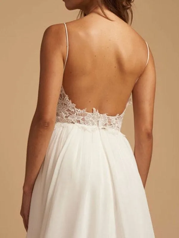 Simple Wedding Dress 2021 A Line V Neck Straps Sleeveless Lace Chiffon Bridal Dresses With Train For Beach Party