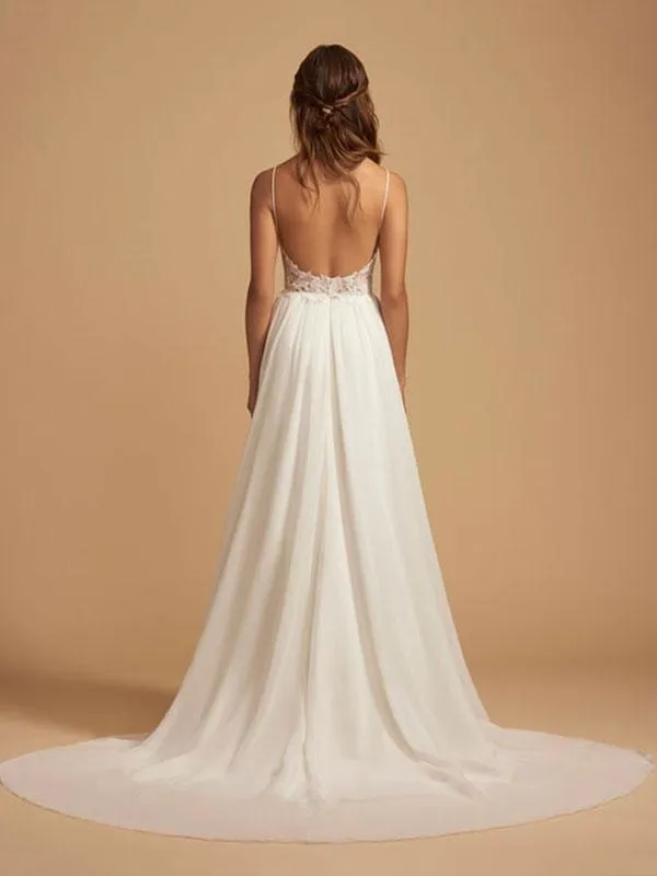 Simple Wedding Dress 2021 A Line V Neck Straps Sleeveless Lace Chiffon Bridal Dresses With Train For Beach Party