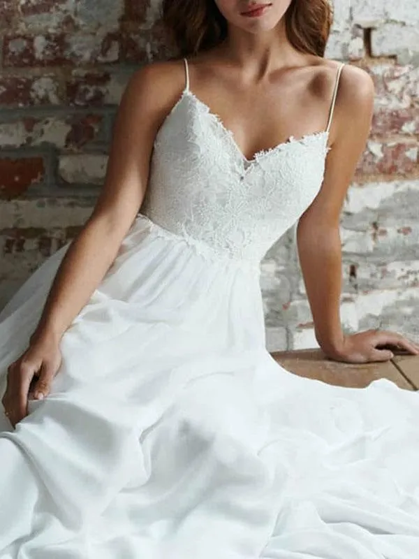 Simple Wedding Dress 2021 A Line V Neck Straps Sleeveless Lace Chiffon Bridal Dresses With Train For Beach Party