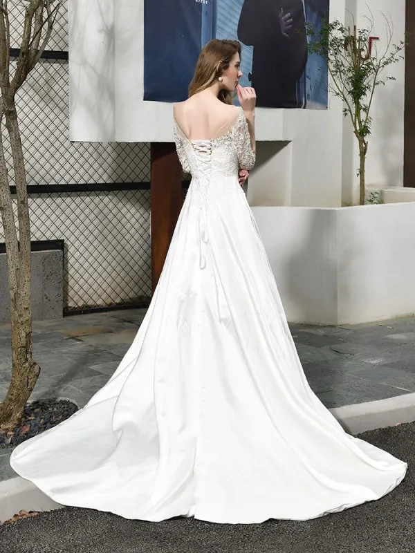 Simple Wedding Dress Jewel Neck Half Sleeves A Line Beaded Bridal Dresses With Train