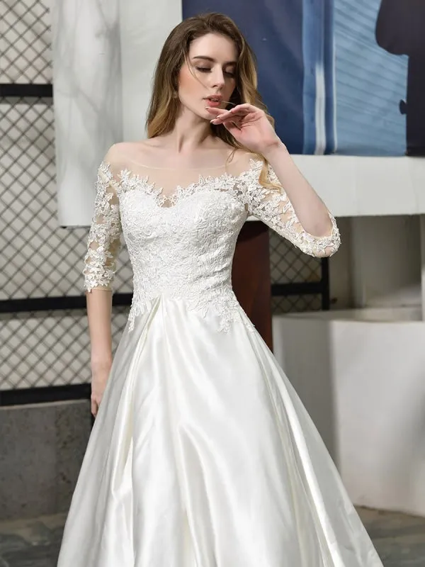 Simple Wedding Dress Jewel Neck Half Sleeves A Line Beaded Bridal Dresses With Train