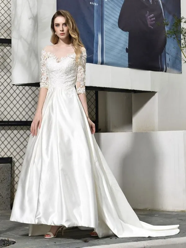 Simple Wedding Dress Jewel Neck Half Sleeves A Line Beaded Bridal Dresses With Train