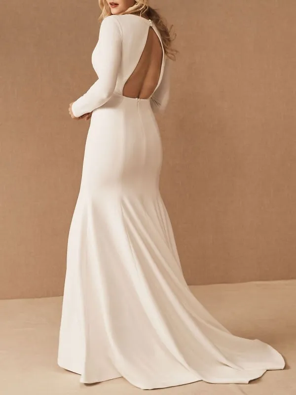 Simple Wedding Dresses Long Sleeves V Neck Mermaid Wedding Party Dress