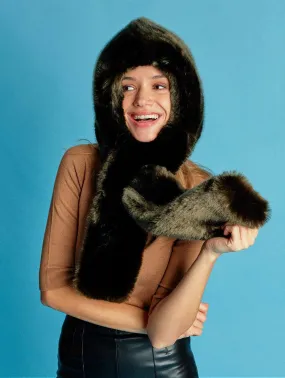 Suzan Vegan Fur Hooded Scarf | Bronze Green