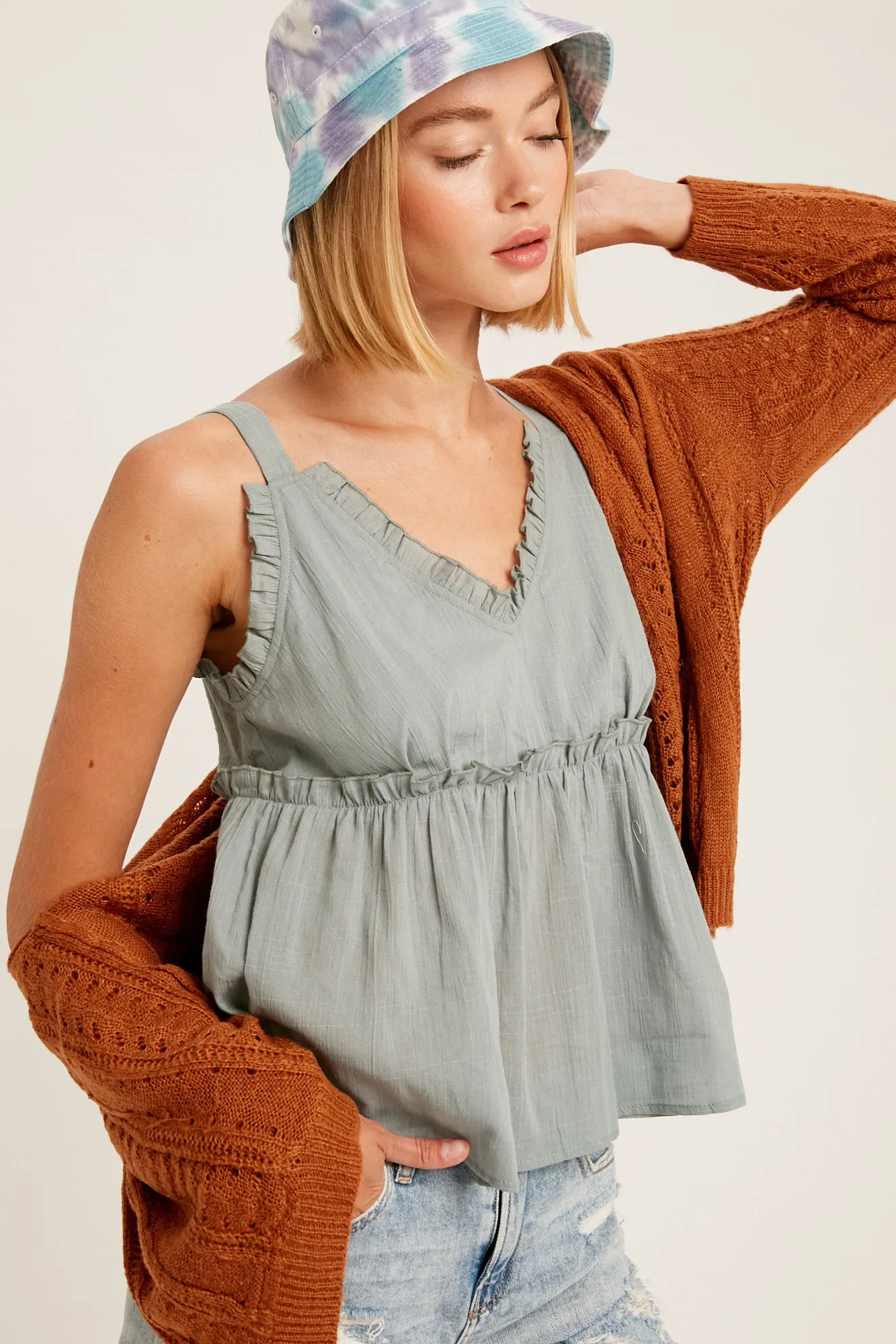 Textured Cotton V-Neck Ruffle Camisole Top