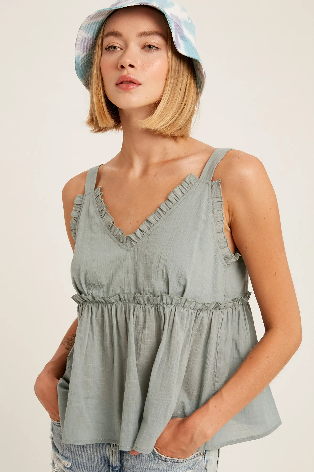 Textured Cotton V-Neck Ruffle Camisole Top