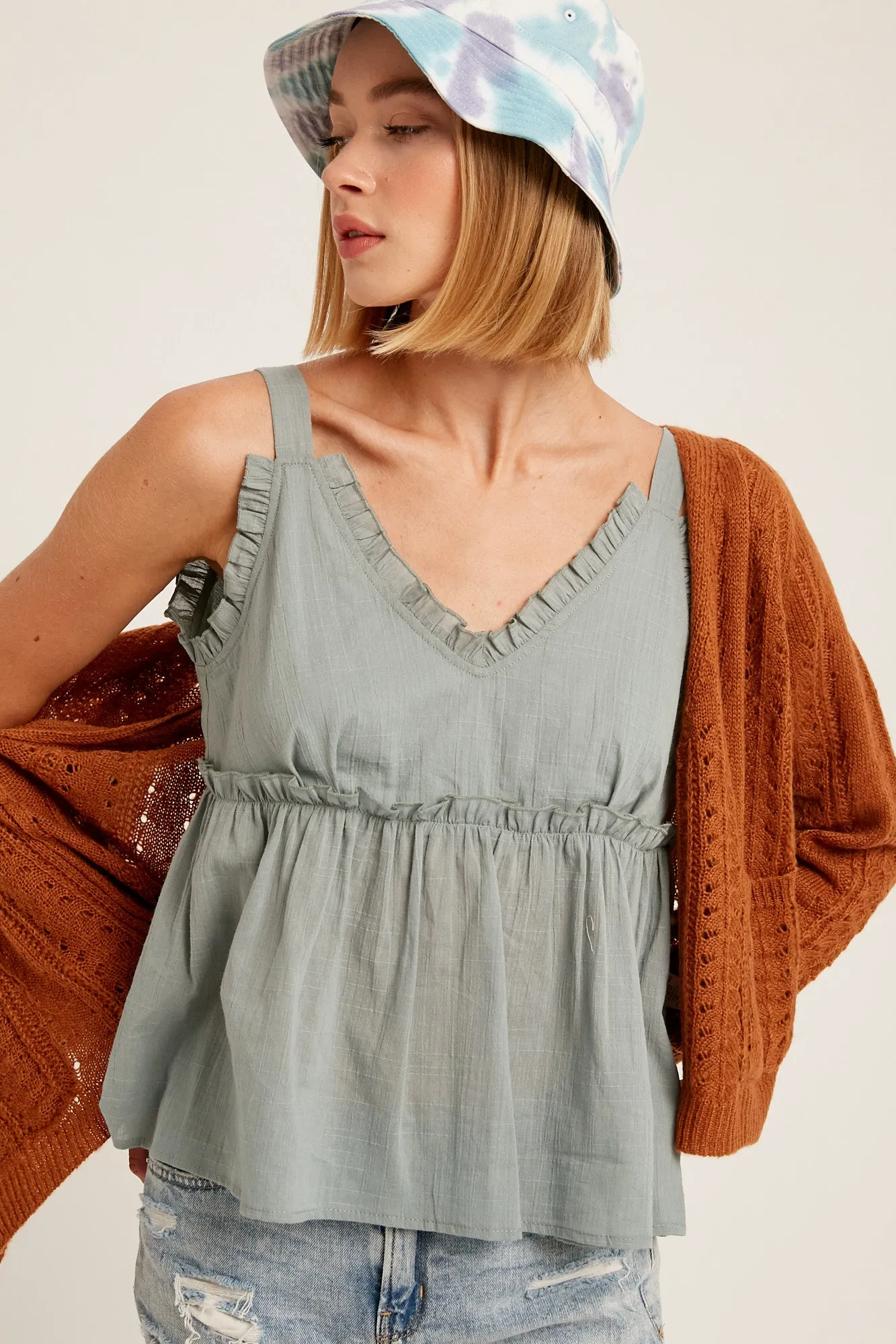 Textured Cotton V-Neck Ruffle Camisole Top