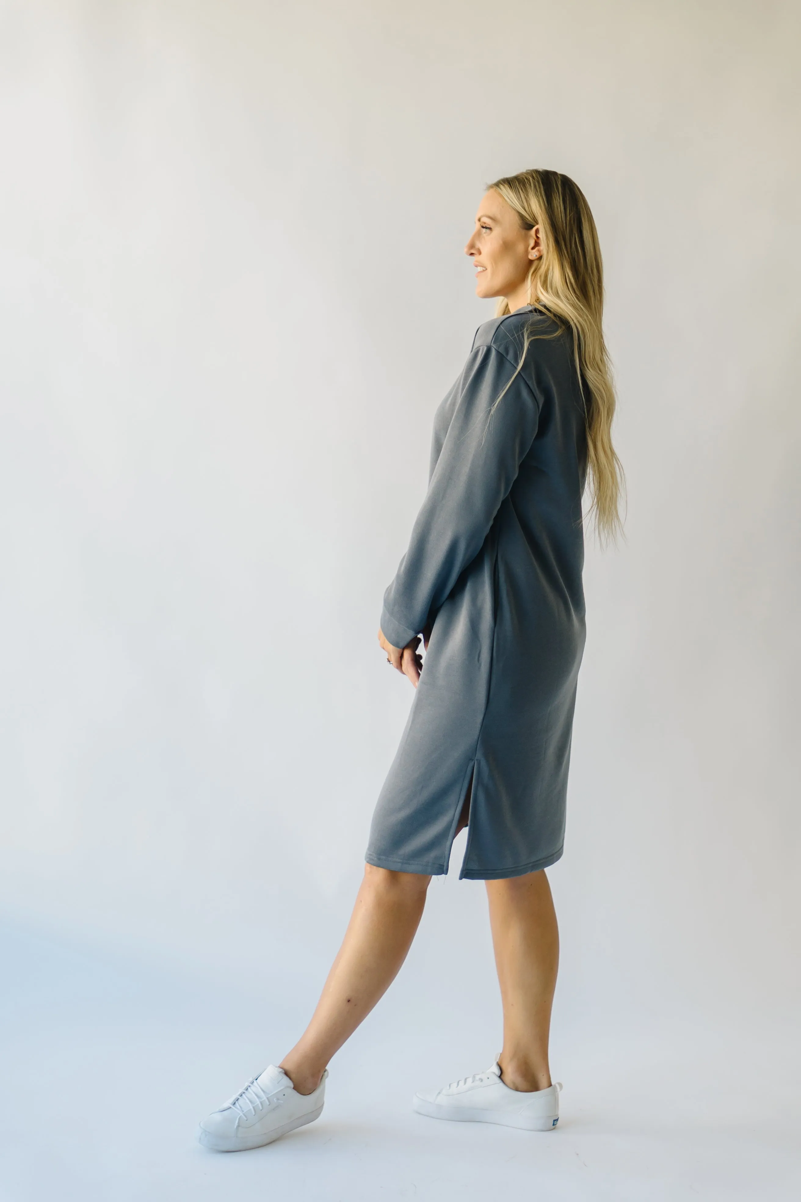 The Iona Half Zip Mock Neck Midi Dress in Charcoal