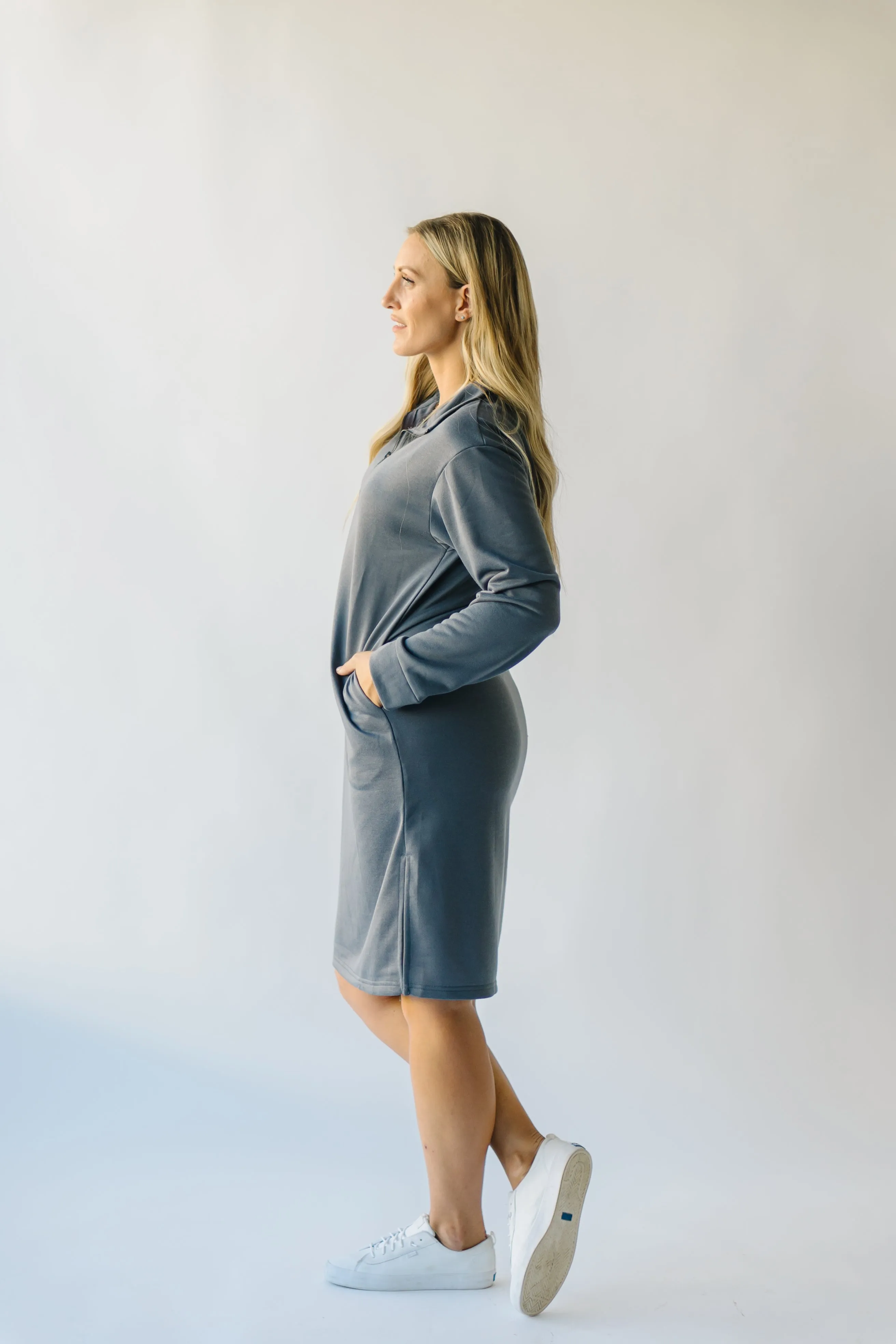 The Iona Half Zip Mock Neck Midi Dress in Charcoal