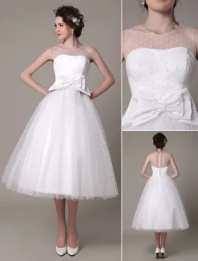 Tulle Wedding Dress Strapless A-Line Tea Length Bridal Dress With Bow Exclusive