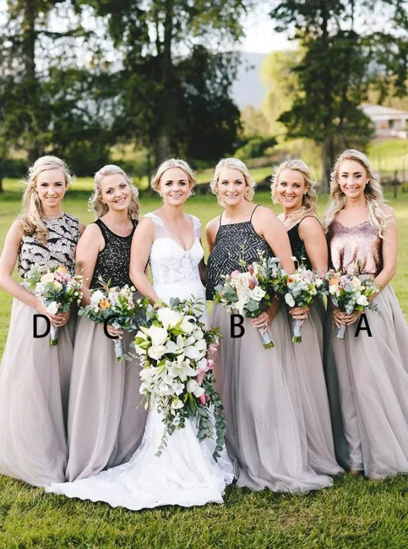 Two Piece V-Neck Rose Gold Tulle Bridesmaid Dress