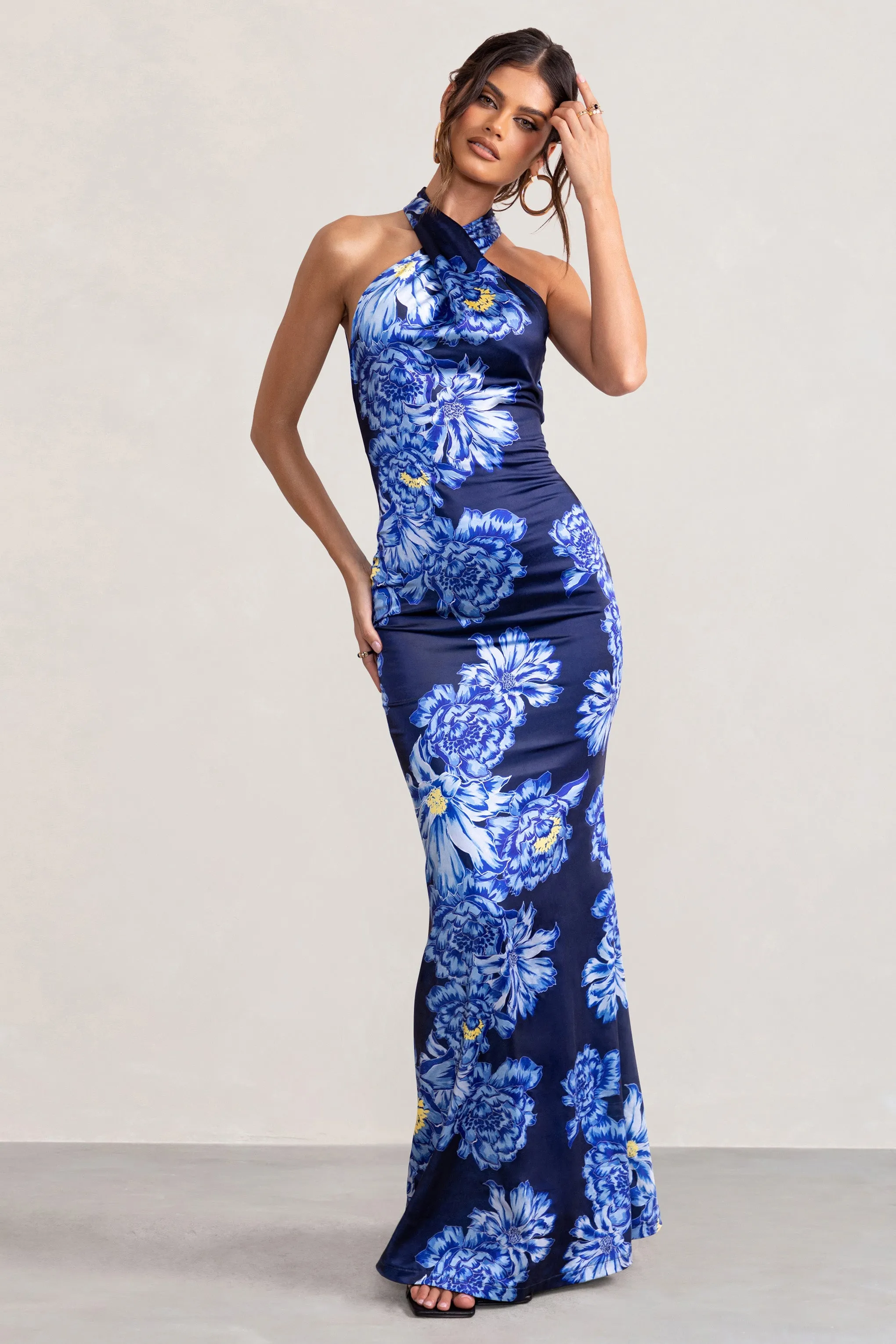 Unstoppable | Blue Floral Print Satin Cross Over Halter Neck Maxi Dress