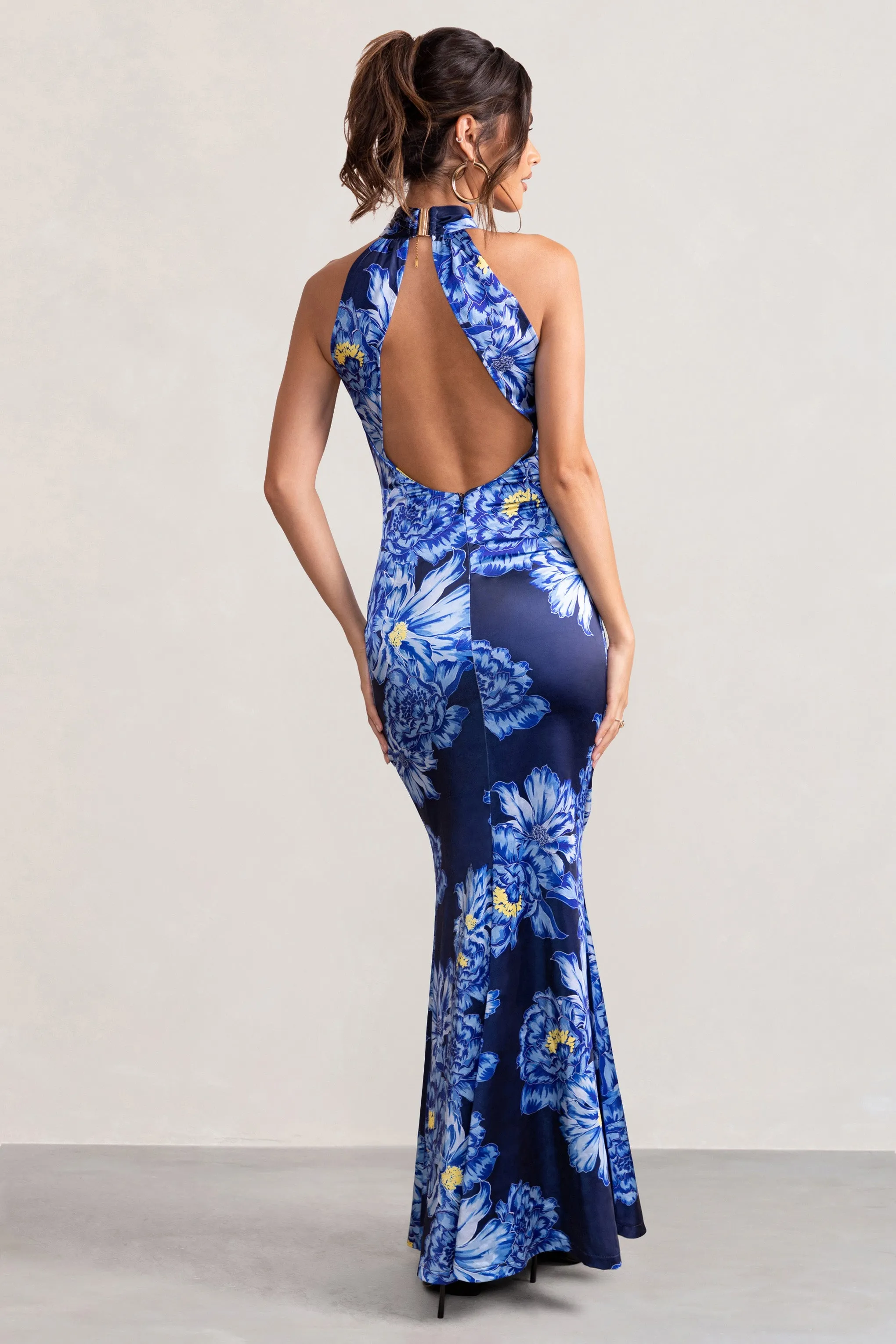 Unstoppable | Blue Floral Print Satin Cross Over Halter Neck Maxi Dress