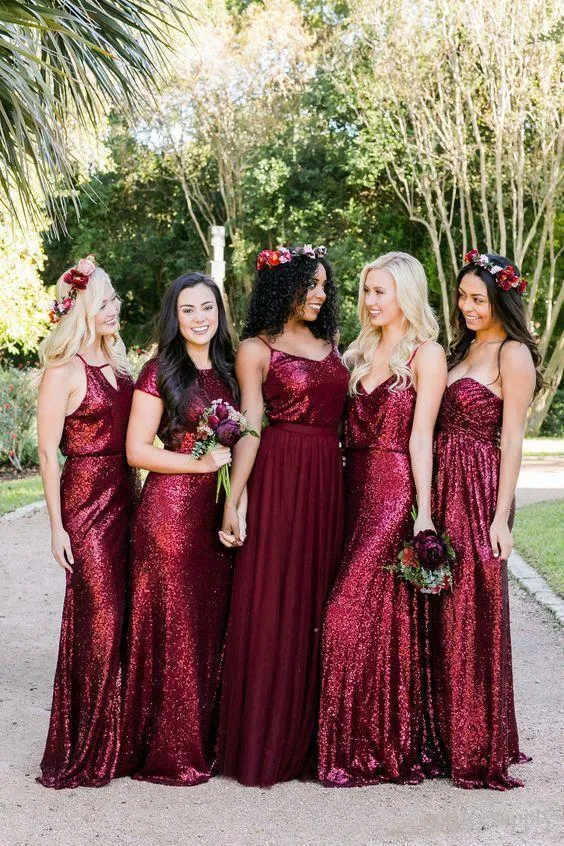 Vintage Burgundy Sequins Backless Long Prom Dresses Bridesmaid Dresses