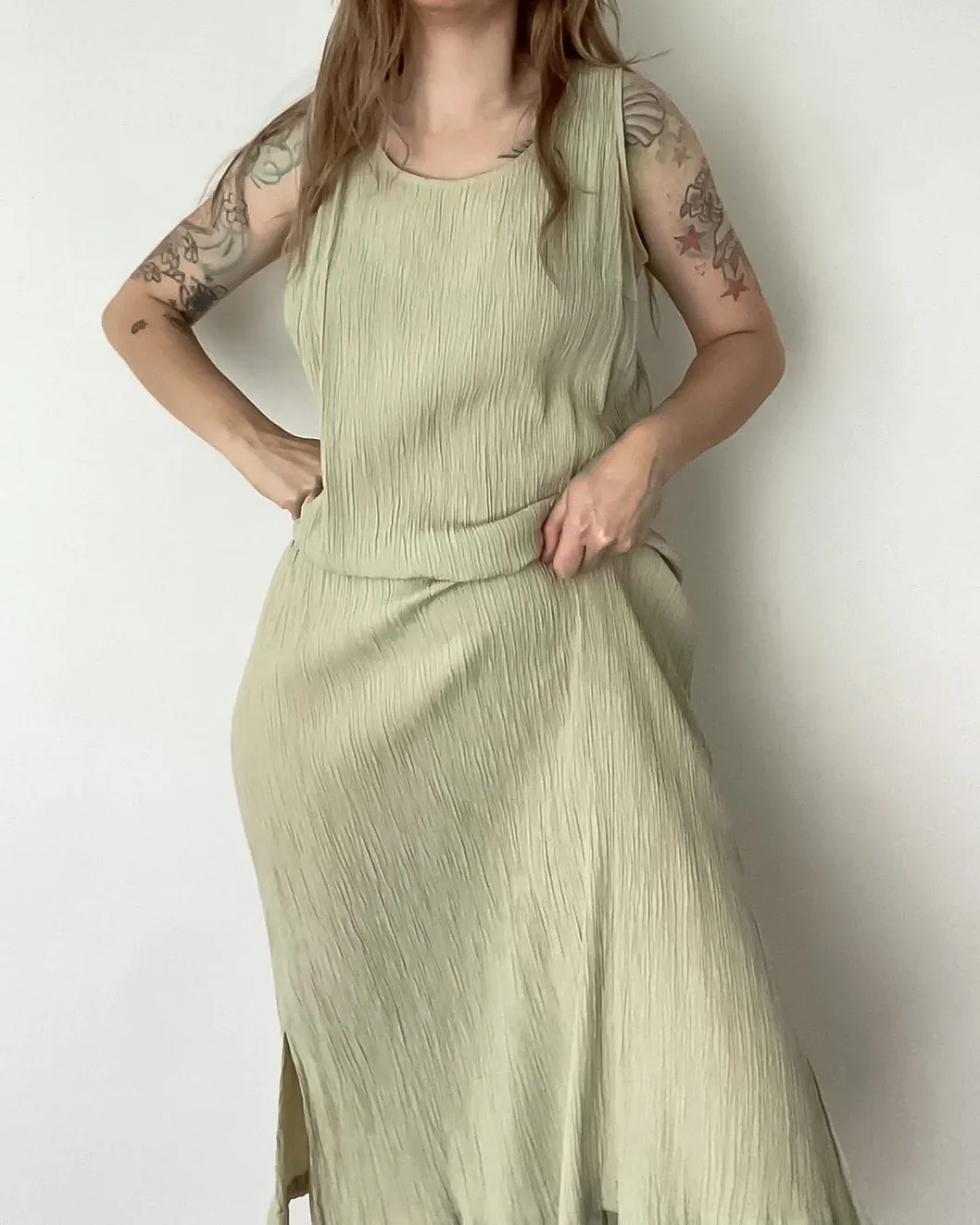 Vintage Sage Crinkle Dress (S)