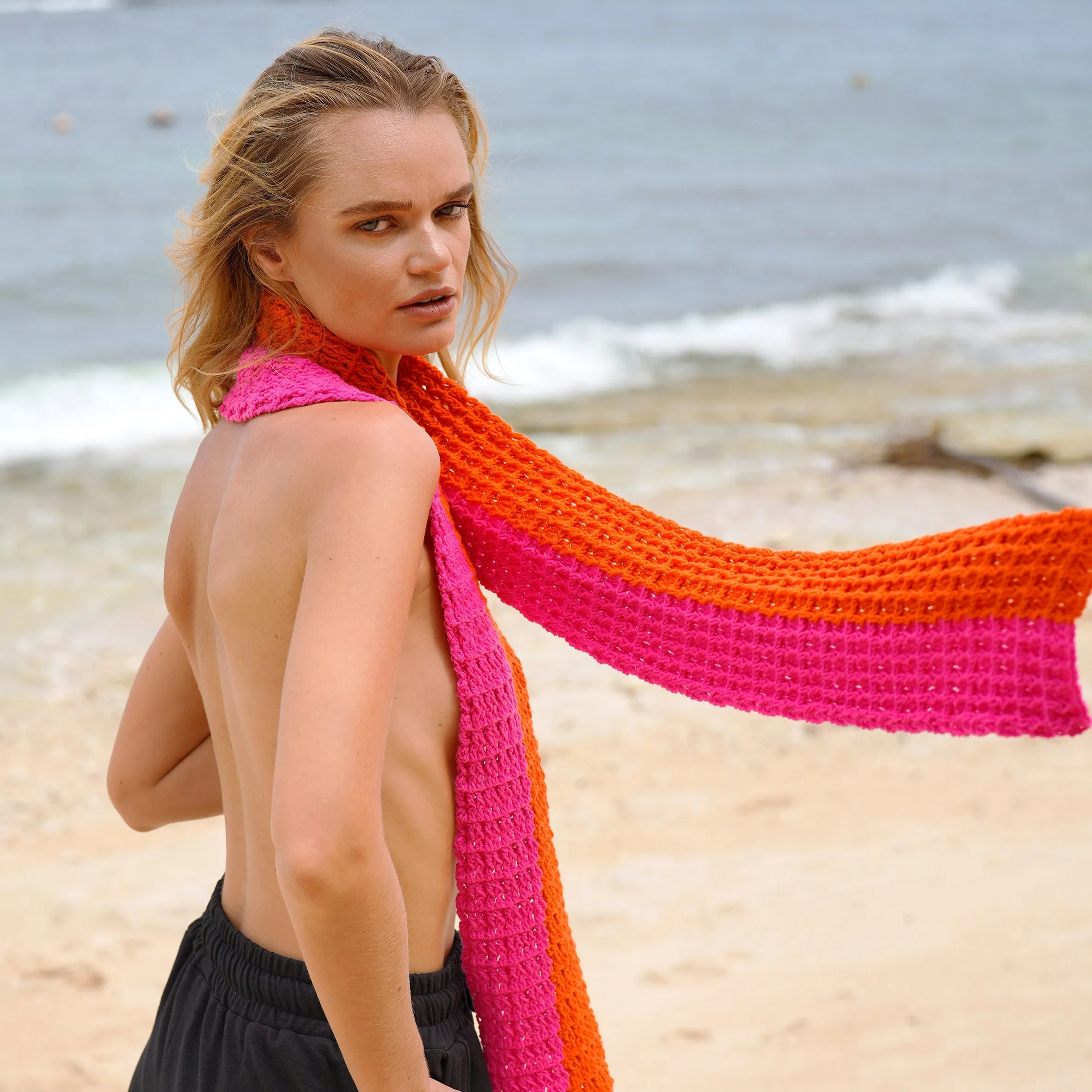 Waffle Crochet Scarf in Candy Pink & Tangerine Orange