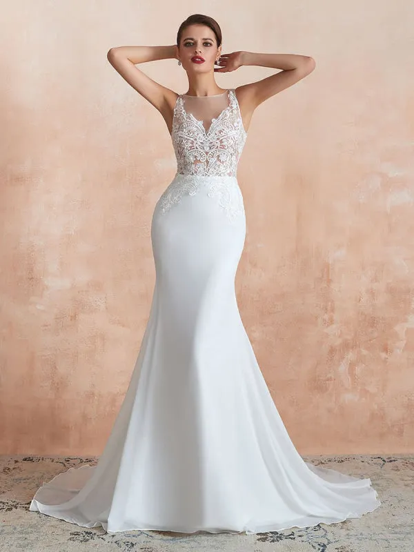 Wedding Dress 2021 Mermaid Sleeveless Lace Appliqued Beach Bridal Gowns With Train