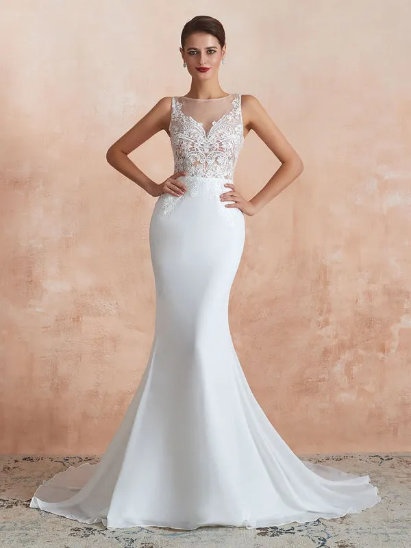 Wedding Dress 2021 Mermaid Sleeveless Lace Appliqued Beach Bridal Gowns With Train