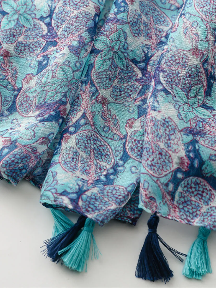 Women Summer Artsy Blue Pomegranate Flower Shawl Scarf SC1014