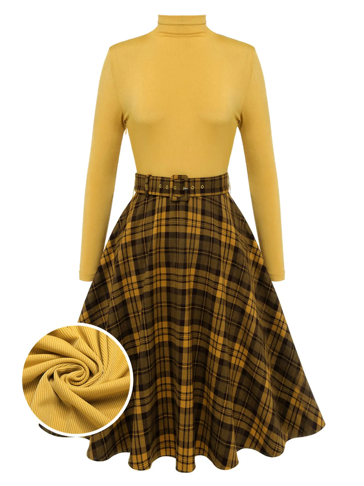 Yellow 1950s Plaid Turtleneck Belted Dress