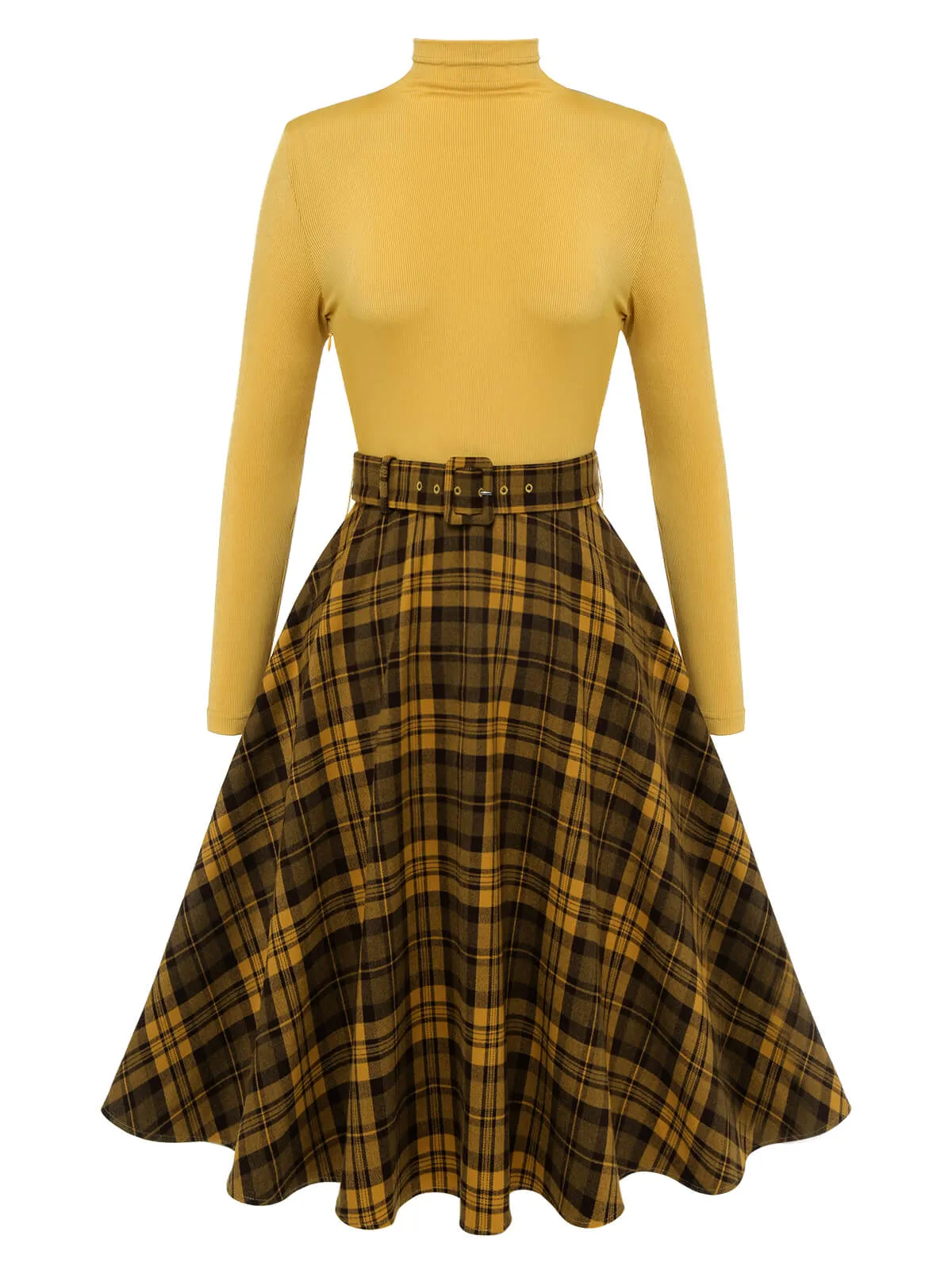 Yellow 1950s Plaid Turtleneck Belted Dress