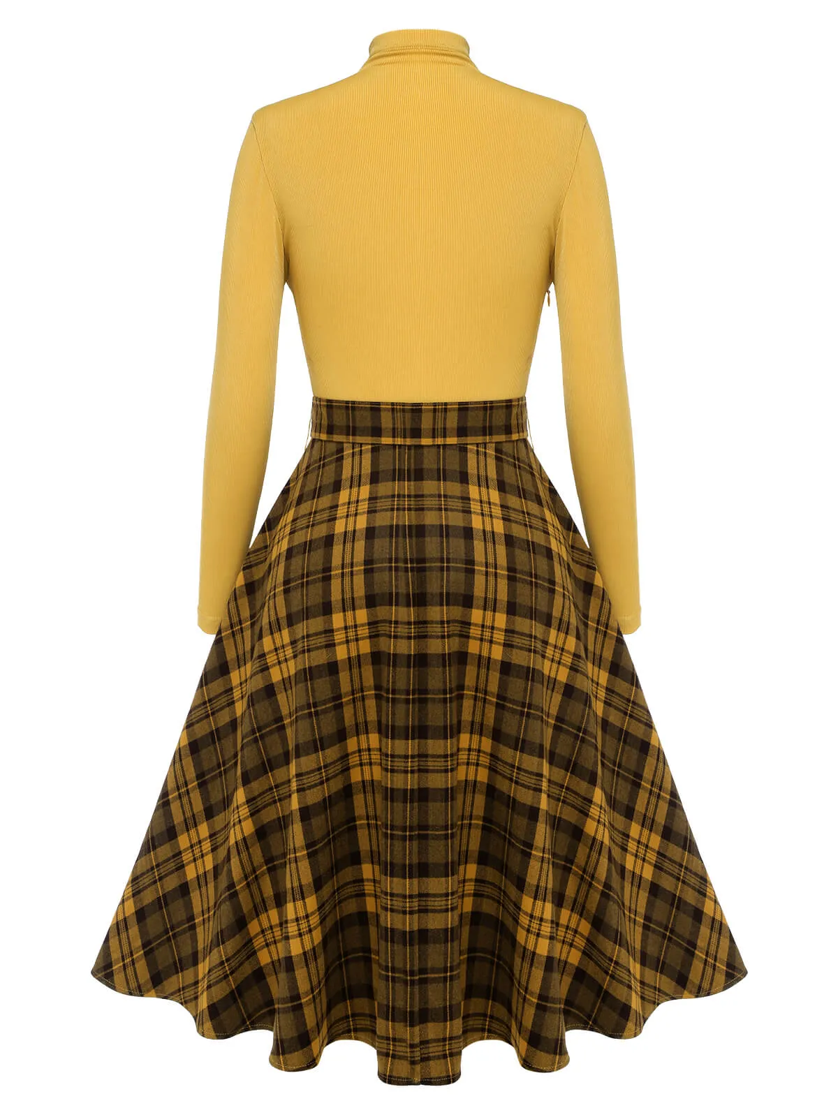 Yellow 1950s Plaid Turtleneck Belted Dress